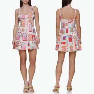 Avec Les Filles Sweetheart Neck Stretch Cotton Mini Sundress Painted print dress